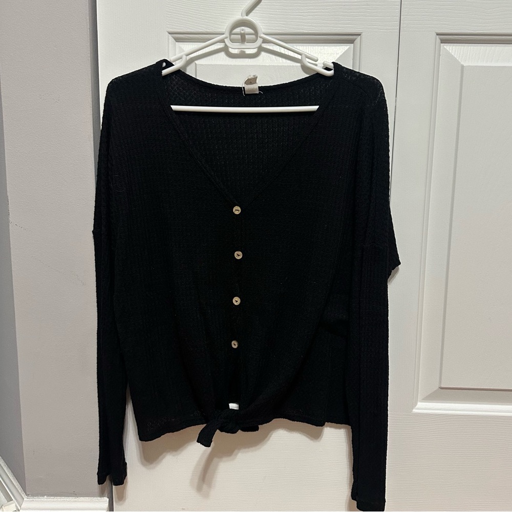 Lazy Sundays Black Waffle Knit Button Down Tie Front Top
